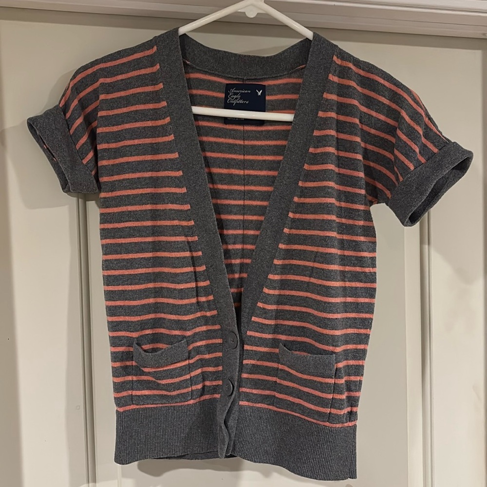 American Eagle Women’s Medium Gray Coral Stripes Short Sleeve Cardigan